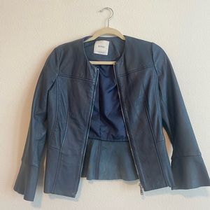 Mango navy blue leather jacket with flare sleeves